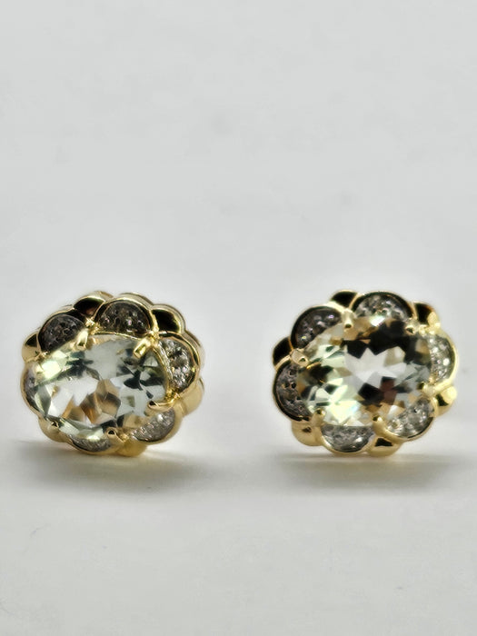 0780: Vintage: 9ct Gold Praisiolite (Green Amethyst) Diamonds Earrings