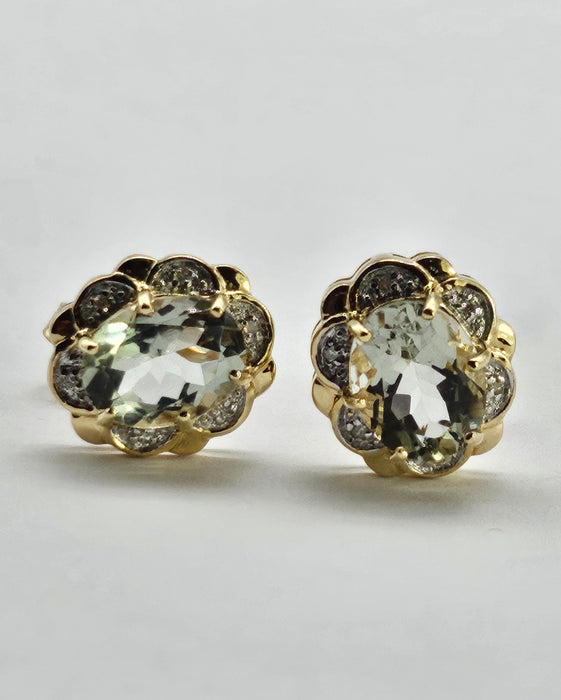 0780: Vintage: 9ct Gold Praisiolite (Green Amethyst) Diamonds Earrings