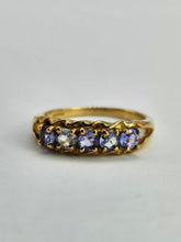 Load image into Gallery viewer, 1033: Vintage; 9ct Gold Blue Tanzanites 5 Stone Ring- simple beauty
