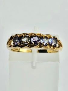 1033: Vintage; 9ct Gold Blue Tanzanites 5 Stone Ring- simple beauty