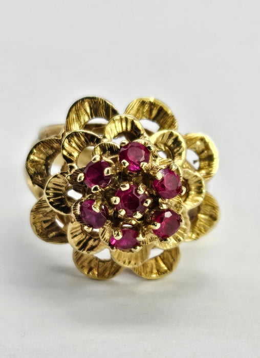 1252: Vintage: 14ct Gold 7 Rubies Swirl Statement Cocktail Ring- Exceptional