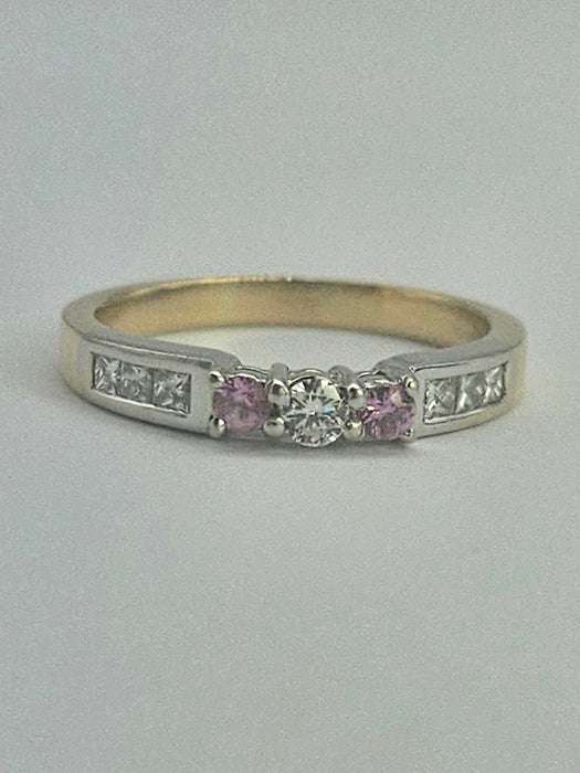 6329  Vintage: 18ct Gold Pink Sapphires Brilliant Cut Diamonds Stacker Ring
