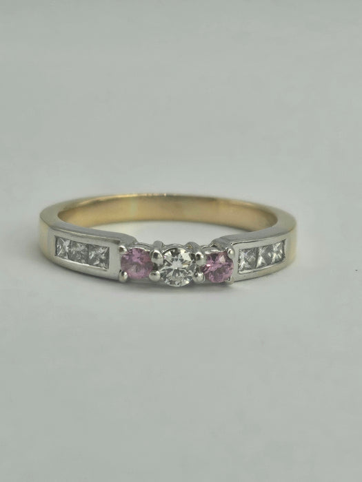 6329  Vintage: 18ct Gold Pink Sapphires Brilliant Cut Diamonds Stacker Ring