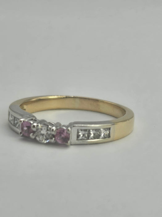 6329  Vintage: 18ct Gold Pink Sapphires Brilliant Cut Diamonds Stacker Ring