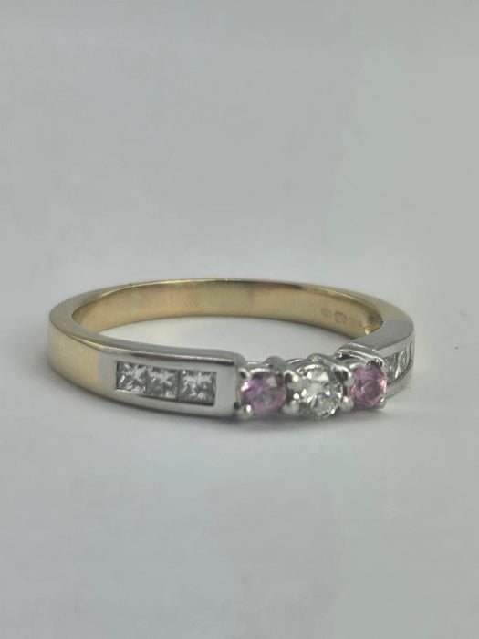 6329  Vintage: 18ct Gold Pink Sapphires Brilliant Cut Diamonds Stacker Ring