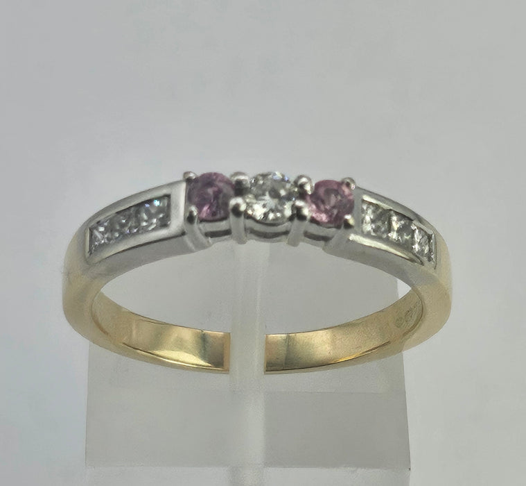 6329  Vintage: 18ct Gold Pink Sapphires Brilliant Cut Diamonds Stacker Ring