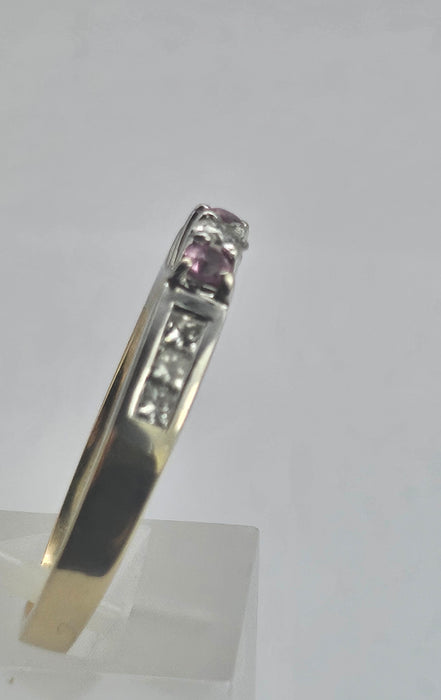 6329  Vintage: 18ct Gold Pink Sapphires Brilliant Cut Diamonds Stacker Ring