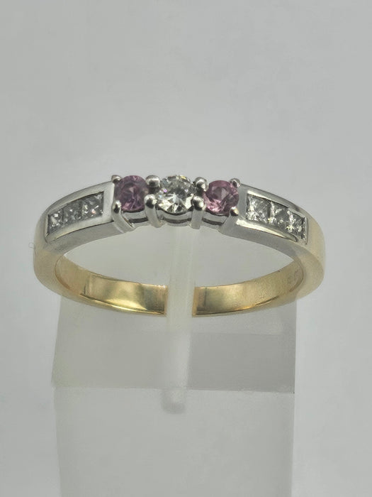6329  Vintage: 18ct Gold Pink Sapphires Brilliant Cut Diamonds Stacker Ring