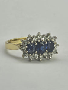 1184: Vintage: 18ct Gold Cornflower Blue Sapphires 16 Diamonds Dress Ring- exquisite example. date mark 1992