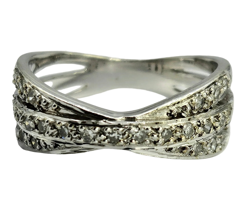 1114: Vintage: 9ct White Gold Diamonds Crossover Dress Ring- crisp & sparkling