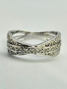 1114: Vintage: 9ct White Gold Diamonds Crossover Dress Ring- crisp & sparkling