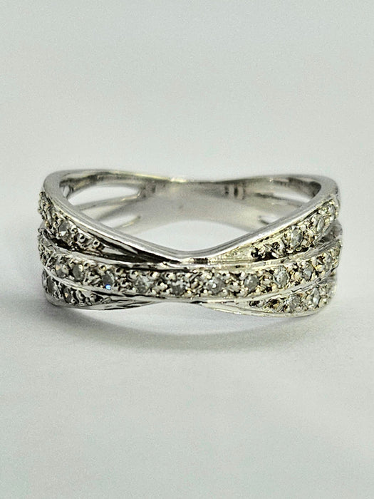 1114: Vintage: 9ct White Gold Diamonds Crossover Dress Ring- crisp & sparkling