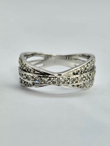 1114: Vintage: 9ct White Gold Diamonds Crossover Dress Ring- crisp & sparkling