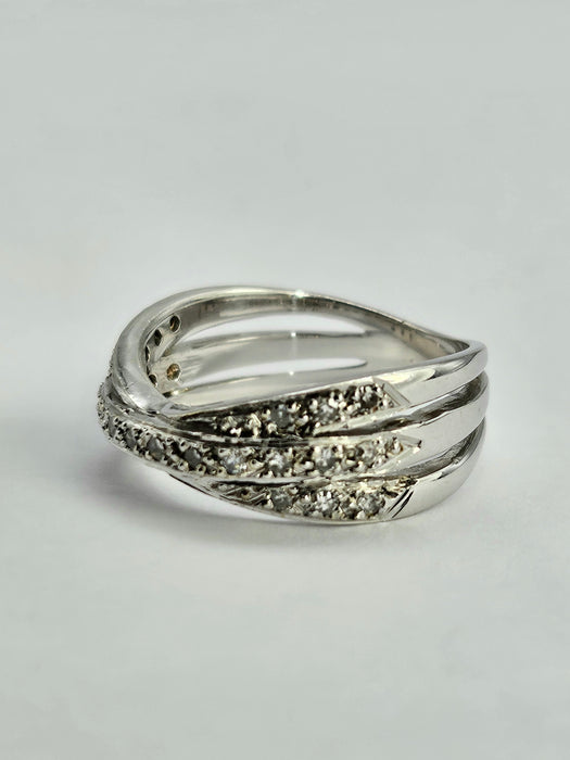 1114: Vintage: 9ct White Gold Diamonds Crossover Dress Ring- crisp & sparkling
