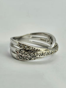 1114: Vintage: 9ct White Gold Diamonds Crossover Dress Ring- crisp & sparkling