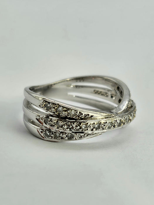 1114: Vintage: 9ct White Gold Diamonds Crossover Dress Ring- crisp & sparkling