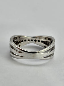 1114: Vintage: 9ct White Gold Diamonds Crossover Dress Ring- crisp & sparkling