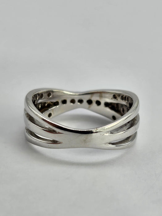 1114: Vintage: 9ct White Gold Diamonds Crossover Dress Ring- crisp & sparkling