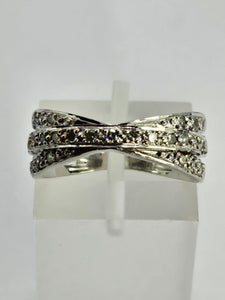 1114: Vintage: 9ct White Gold Diamonds Crossover Dress Ring- crisp & sparkling