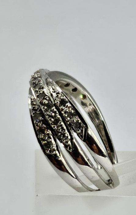1114: Vintage: 9ct White Gold Diamonds Crossover Dress Ring- crisp & sparkling