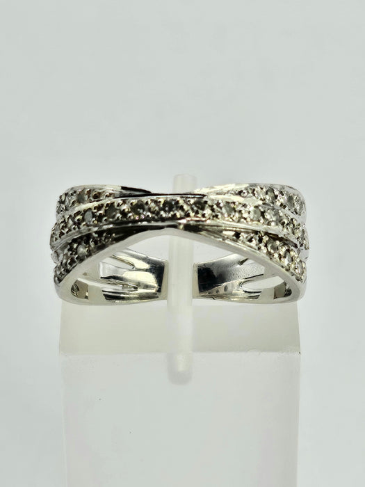 1114: Vintage: 9ct White Gold Diamonds Crossover Dress Ring- crisp & sparkling
