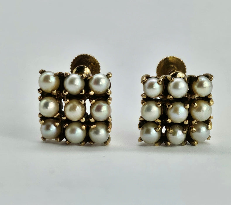 6490 Vintage: 9ct Yellow Gold Cultured Pearl Square Cluster Earrings