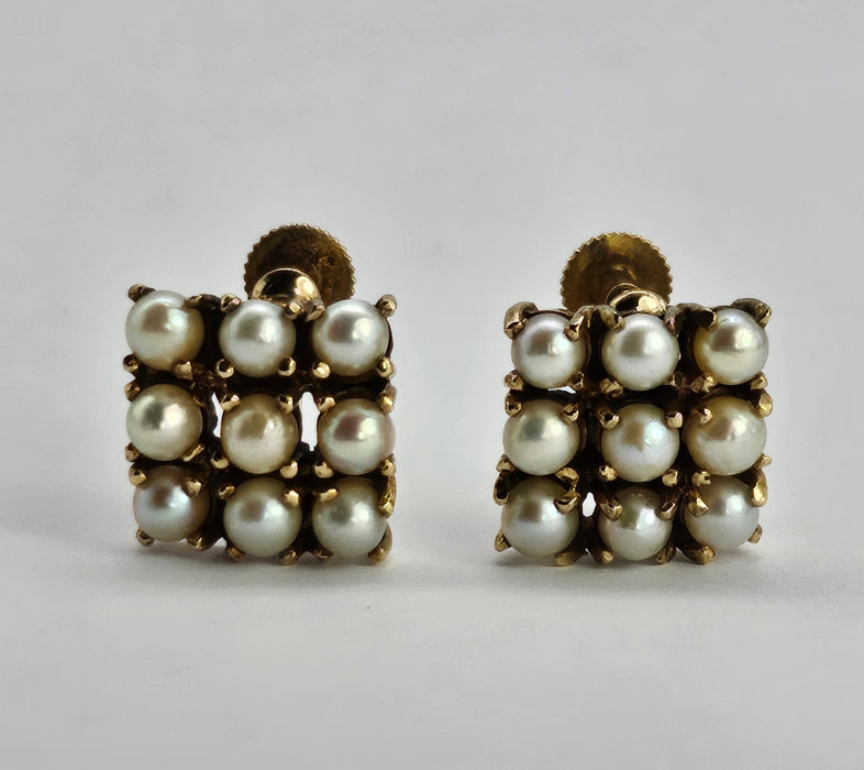 6490 Vintage: 9ct Yellow Gold Cultured Pearl Square Cluster Earrings