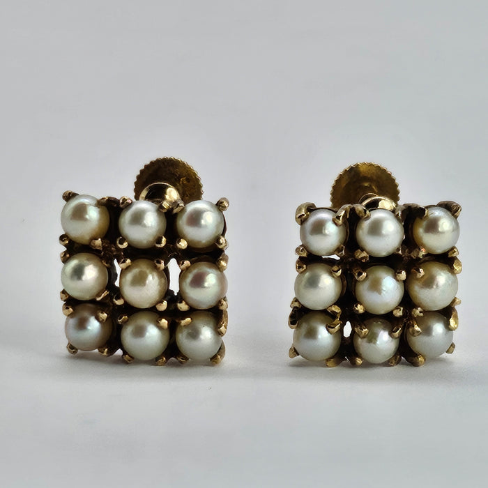 6490 Vintage: 9ct Yellow Gold Cultured Pearl Square Cluster Earrings