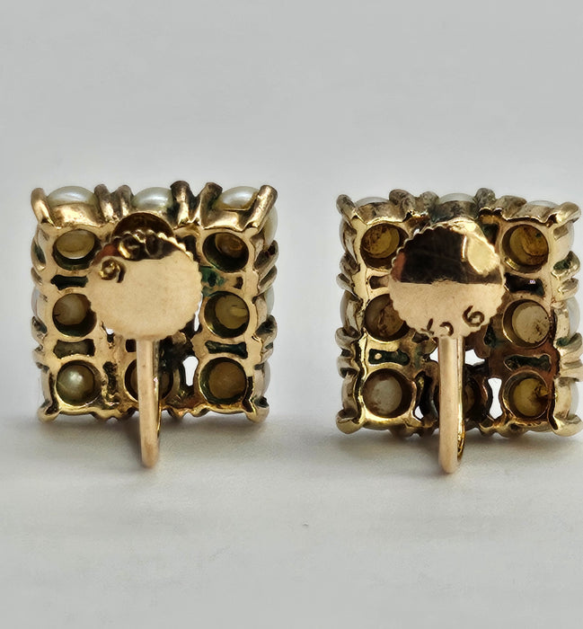 6490 Vintage: 9ct Yellow Gold Cultured Pearl Square Cluster Earrings