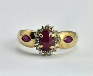 1138: Vintage: 9ct Gold Rubies Diamonds Dress Ring- lovely design&nbsp;