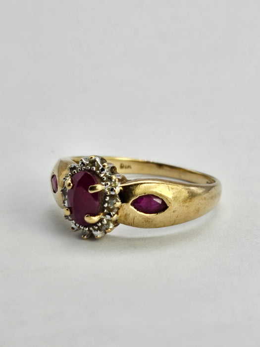 1138: Vintage: 9ct Gold Rubies Diamonds Dress Ring- lovely design&nbsp;