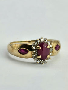 1138: Vintage: 9ct Gold Rubies Diamonds Dress Ring- lovely design&nbsp;