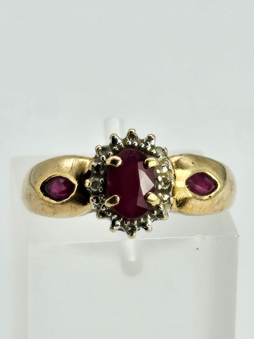 1138: Vintage: 9ct Gold Rubies Diamonds Dress Ring- lovely design&nbsp;