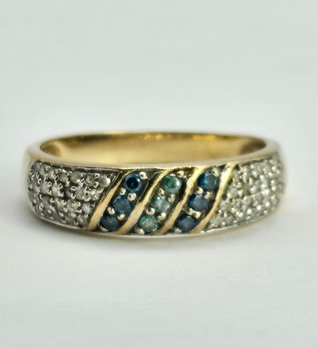 1241: Vintage ;Rare 9ct Gold Blue, Green & White Diamonds Dress/Stacker Ring