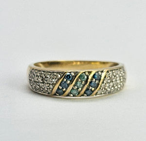 1241: Vintage ;Rare 9ct Gold Blue, Green & White Diamonds Dress/Stacker Ring