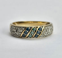 Load image into Gallery viewer, 1241: Vintage ;Rare 9ct Gold Blue, Green &amp; White Diamonds Dress/Stacker Ring
