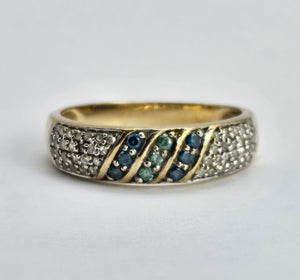 1241: Vintage ;Rare 9ct Gold Blue, Green & White Diamonds Dress/Stacker Ring
