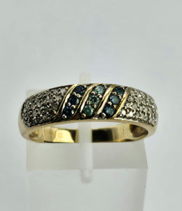 1241: Vintage ;Rare 9ct Gold Blue, Green & White Diamonds Dress/Stacker Ring