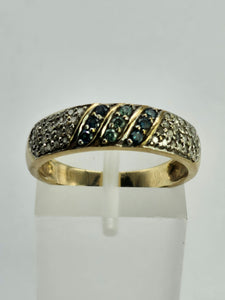 1241: Vintage ;Rare 9ct Gold Blue, Green & White Diamonds Dress/Stacker Ring