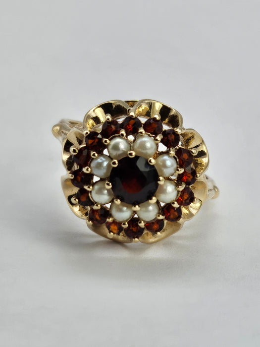 Vintage: 9ct Yellow Gold Garnet & Seed Pearl Flower Head Cluster Ring — From 1973