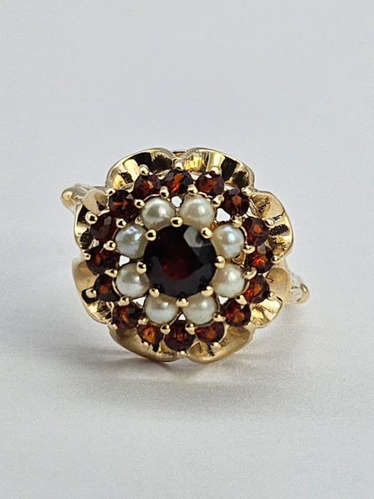 Vintage: 9ct Yellow Gold Garnet & Seed Pearl Flower Head Cluster Ring — From 1973