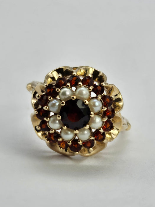 Vintage: 9ct Yellow Gold Garnet & Seed Pearl Flower Head Cluster Ring — From 1973