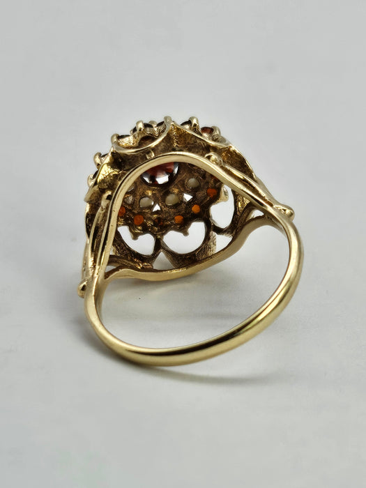 Vintage: 9ct Yellow Gold Garnet & Seed Pearl Flower Head Cluster Ring — From 1973