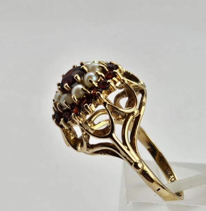 Vintage: 9ct Yellow Gold Garnet & Seed Pearl Flower Head Cluster Ring — From 1973