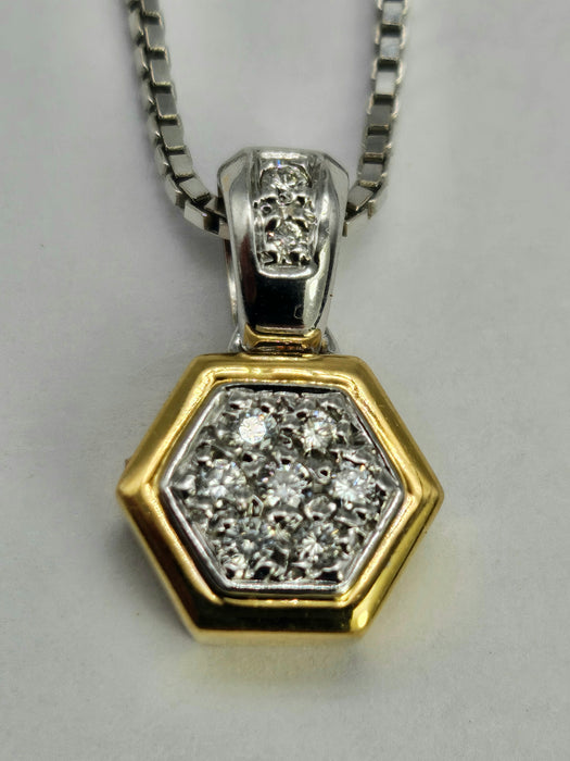 1209: Vintage: 18ct Yellow & White Gold Diamond Hexagonal Pendant & Chain
