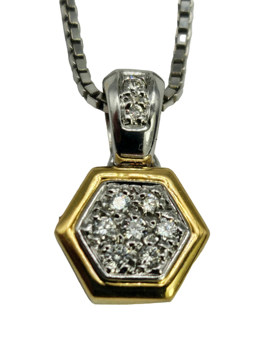 1209: Vintage: 18ct Yellow & White Gold Necklace Hexagonal Diamonds Pendant -