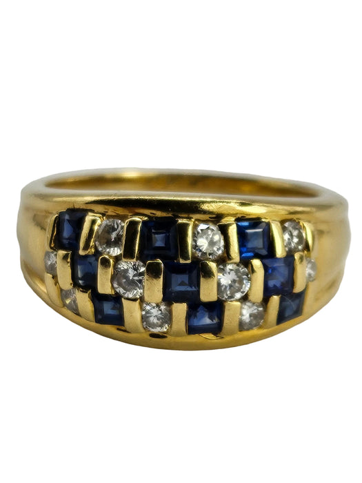 6510 Vintage: 18ct Yellow Gold Blue Sapphire & Diamond Chequerboard Half Hoop Ring