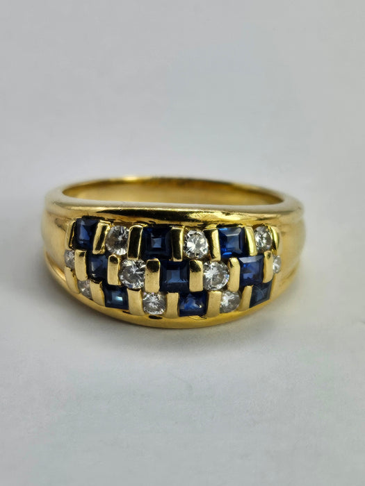 6510 Vintage: 18ct Yellow Gold Blue Sapphire & Diamond Chequerboard Half Hoop Ring