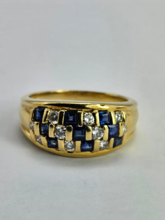 6510 Vintage: 18ct Yellow Gold Blue Sapphire & Diamond Chequerboard Half Hoop Ring