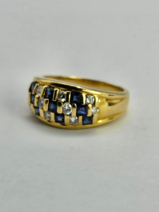 6510 Vintage: 18ct Yellow Gold Blue Sapphire & Diamond Chequerboard Half Hoop Ring